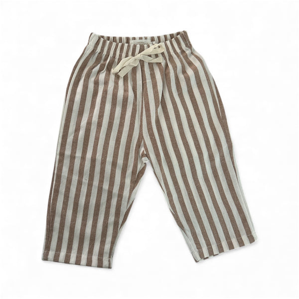 Brown and white striped pants with a drawstring on a white background Casita Bebes