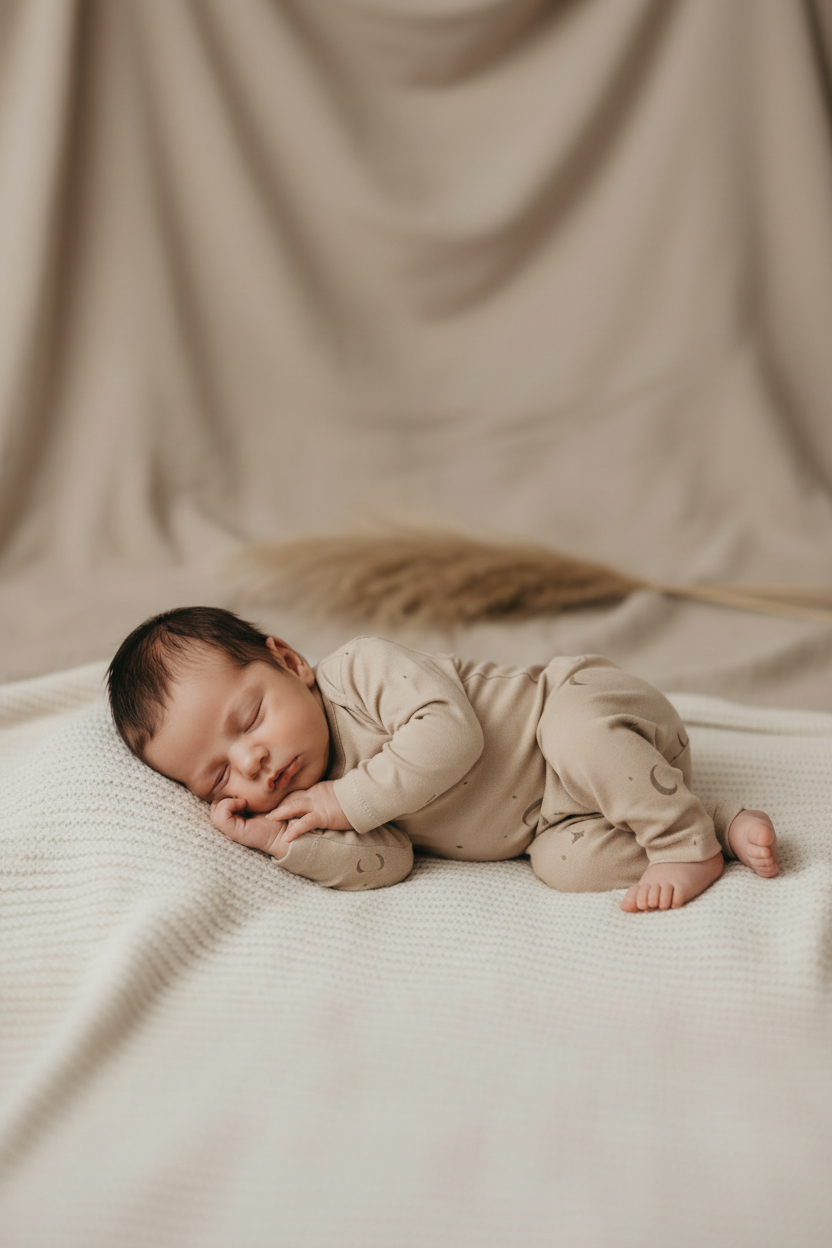 Organic dusty beige baby bodysuit on sleeping newborn, certified organic baby clothing.