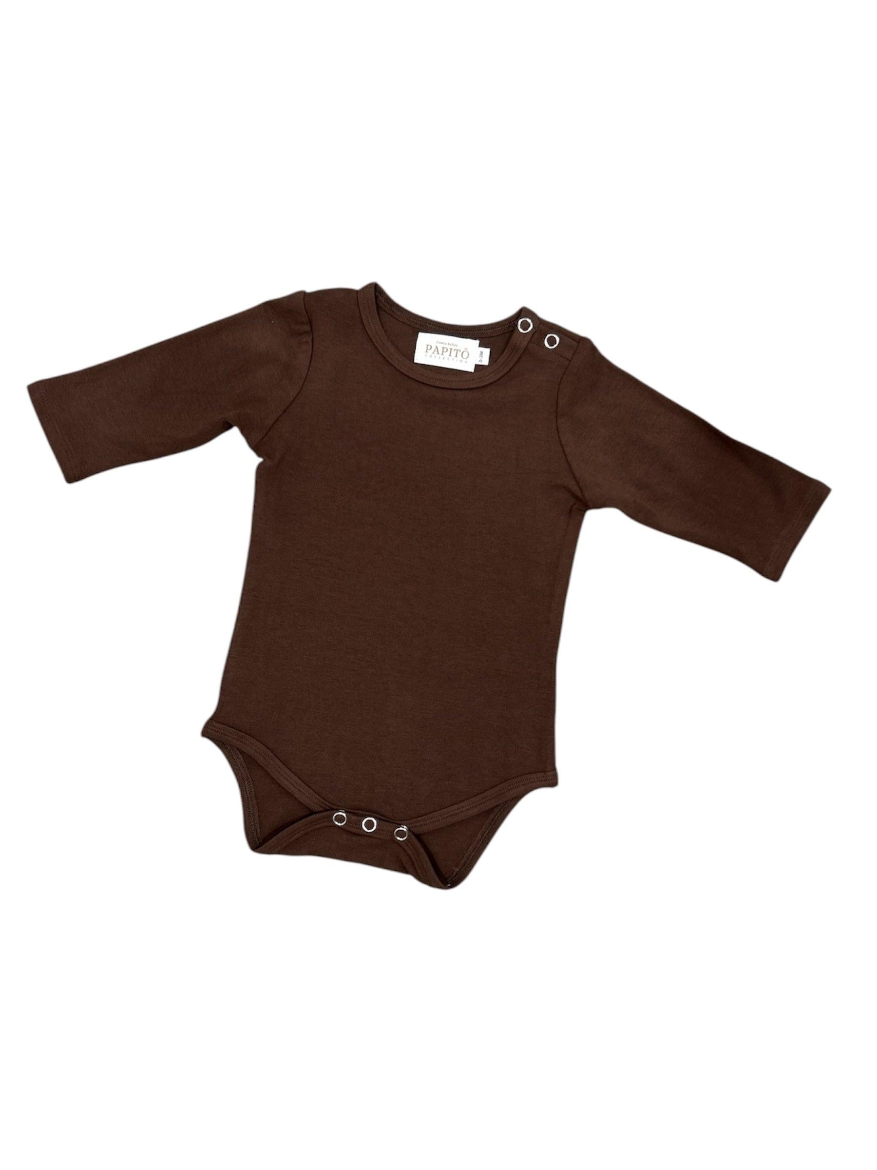 Brown bamboo baby bodysuite on a white background Casita Bebes brand