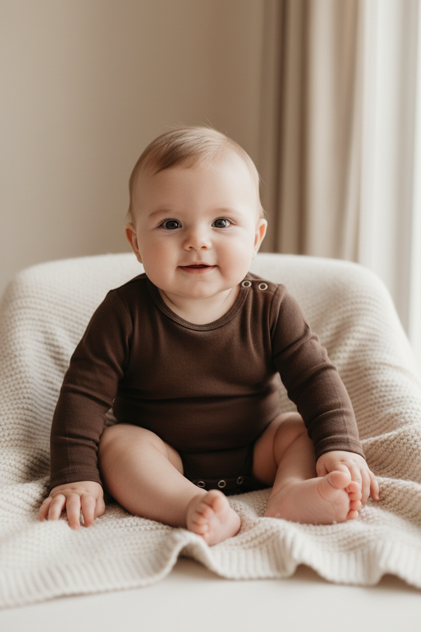 Baby in a brown  babe bodysuit sitting on a white blanket with a neutral background