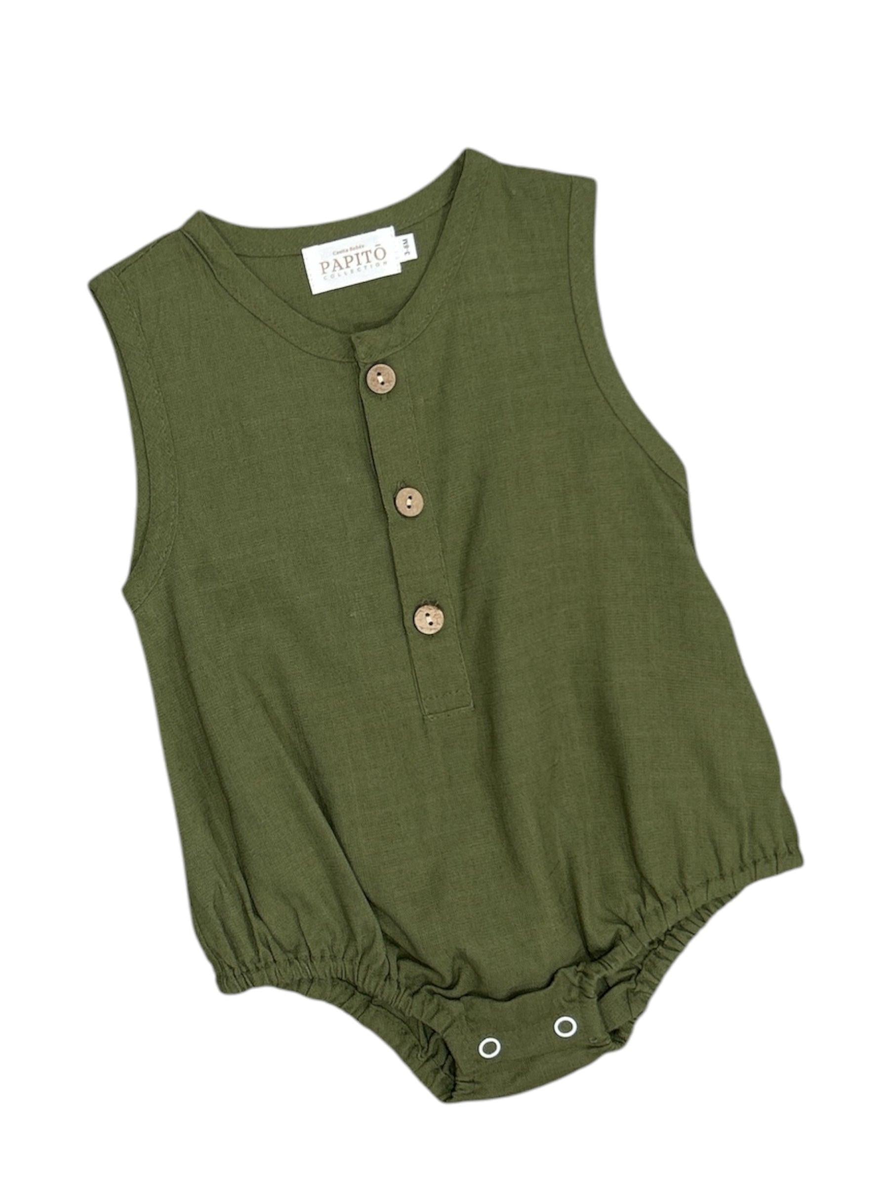 Olive green Papito Linen Romper organic linen baby romper with wooden buttons and snap closure.