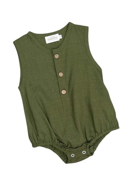 Olive green Papito Linen Romper organic linen baby romper with wooden buttons and snap closure.