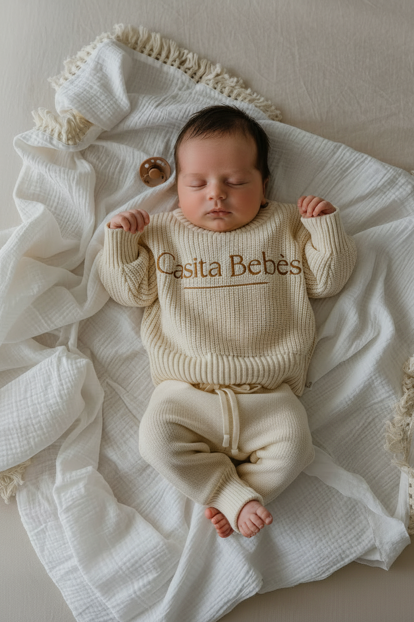 Cream-colored baby knit sweater and matching pants set with 'Casita Bebés' embroidered on the chest, styled on a textured white muslin blanket.