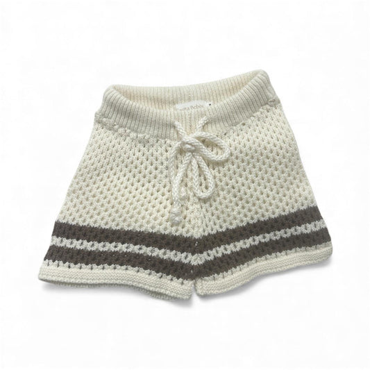 Organic baby knit shorts with drawstring and gray stripes, certified organic baby clothing by Casita Bebes.