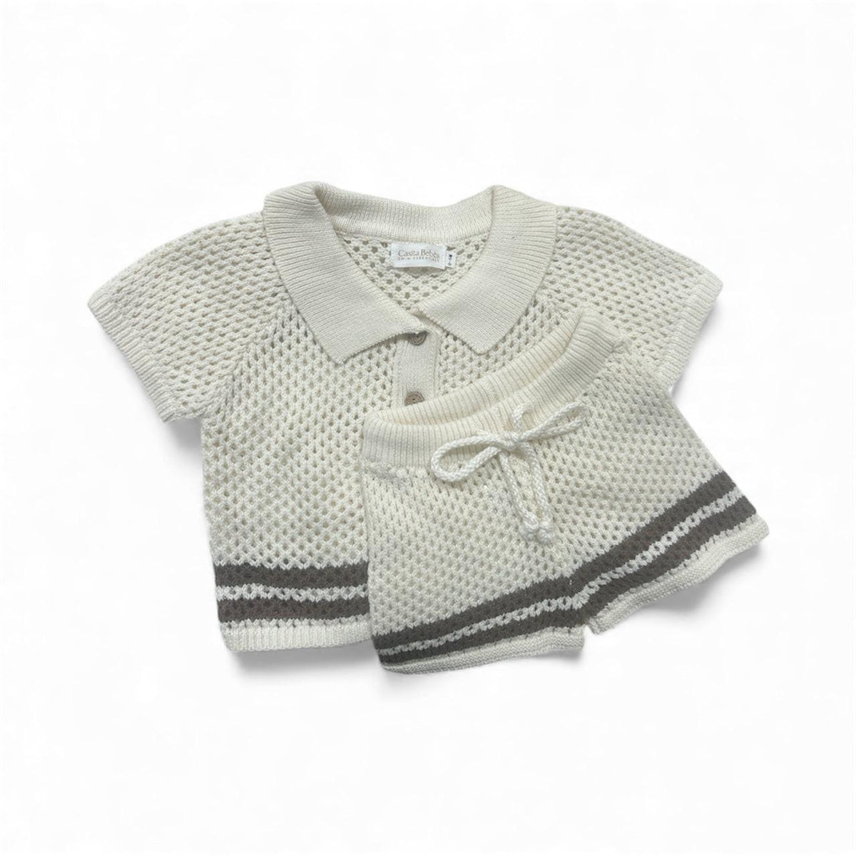 Organic baby knit polo shirt and shorts set with striped hem and bow detail