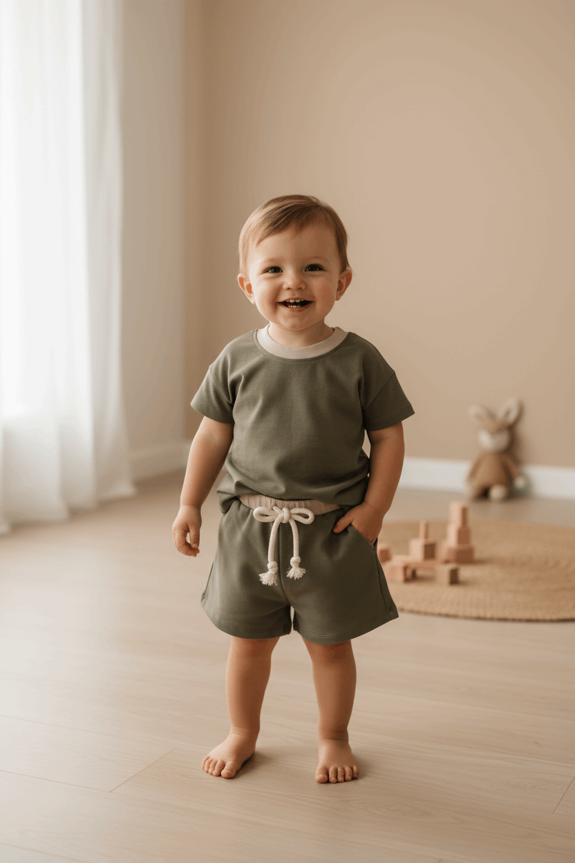 toddler wearing a dusty green outfit standing in a room with wooden floor and beige walls.