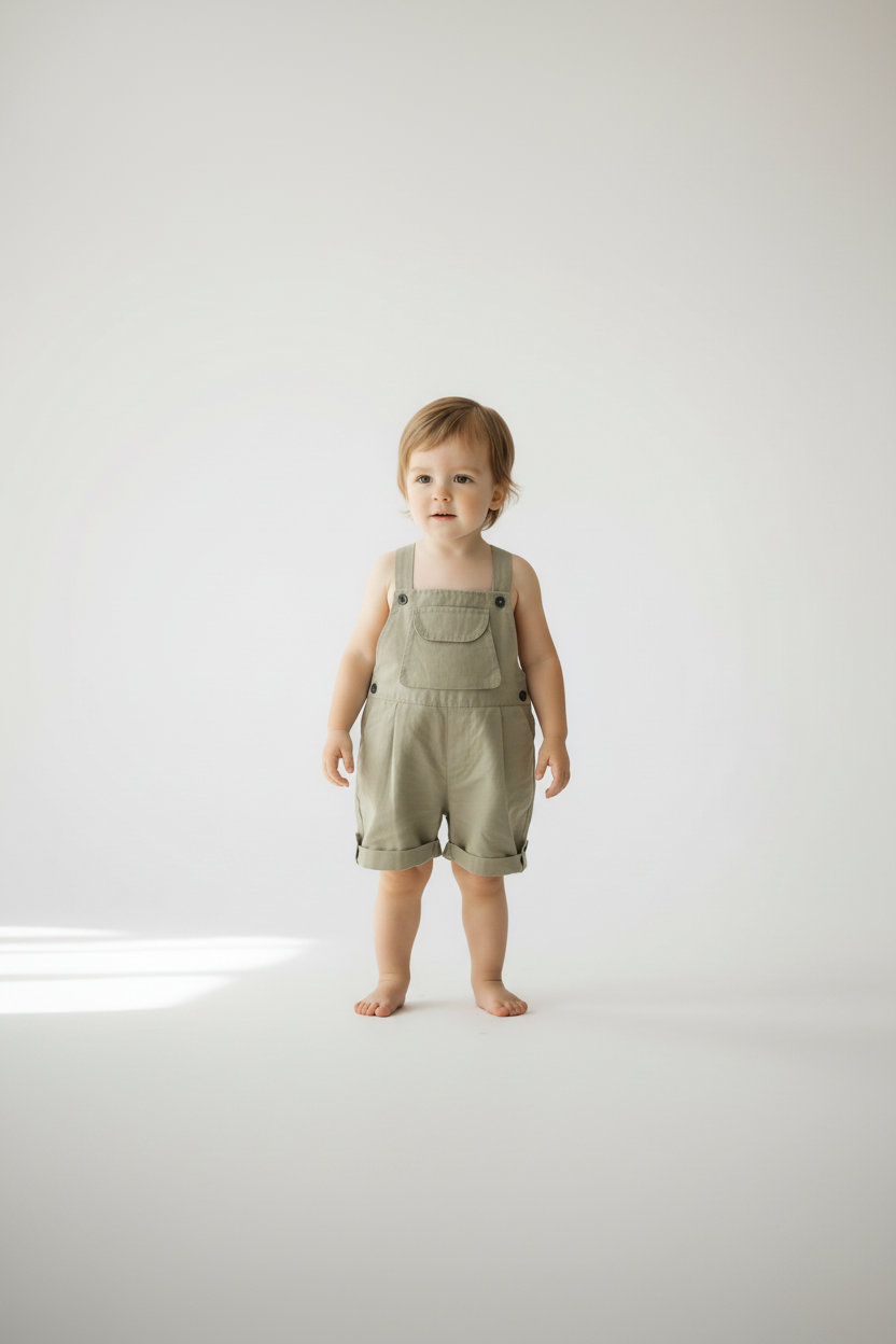 Child wearing a green romper standing on a white background Casita Bebes