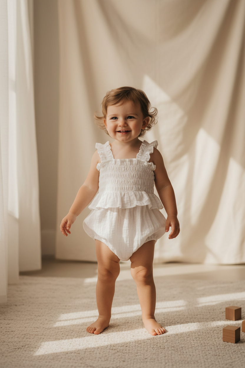 Toddler standing wearing a ruffled cotton body suit casita bebes brand