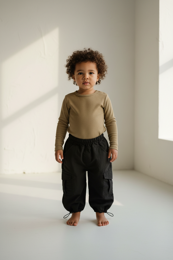 Toddler wearing a beige long-sleeve shirt and black pants casita bees brand standing in a bright room with sunlight streaming in.