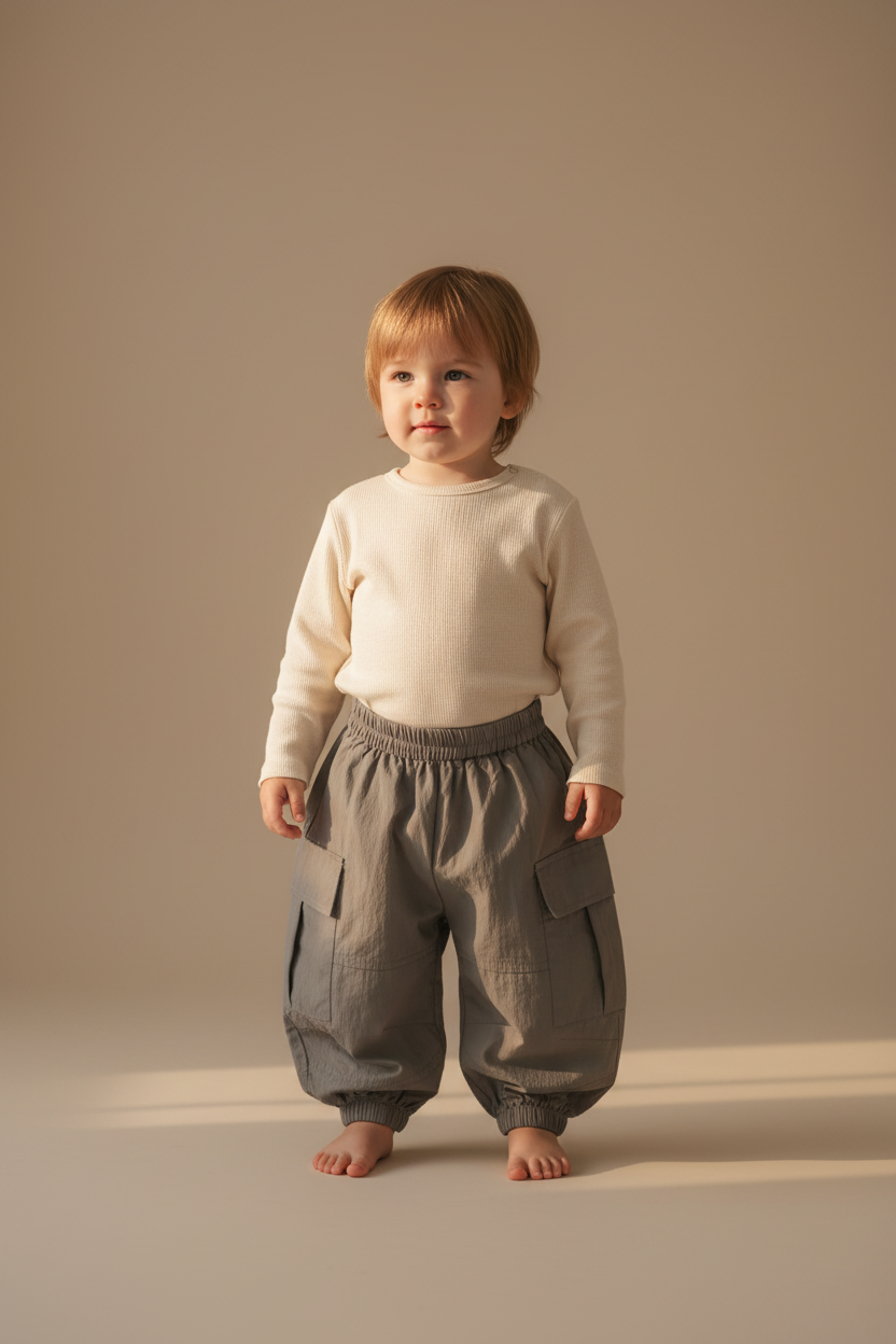 Child wearing a cream sweater and gray pants in Casita Bebes Brand against a beige background