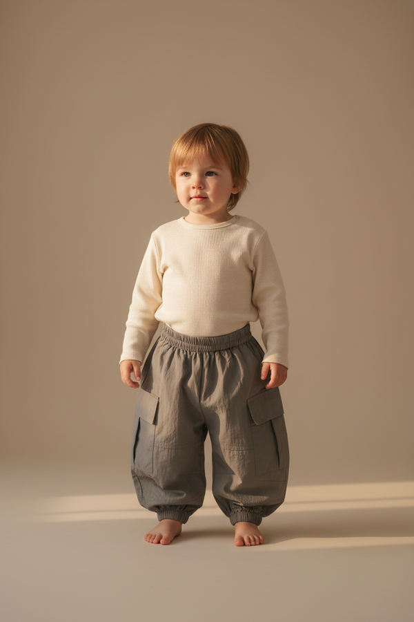 Child wearing a cream sweater and gray pants in Casita Bebes Brand against a beige background