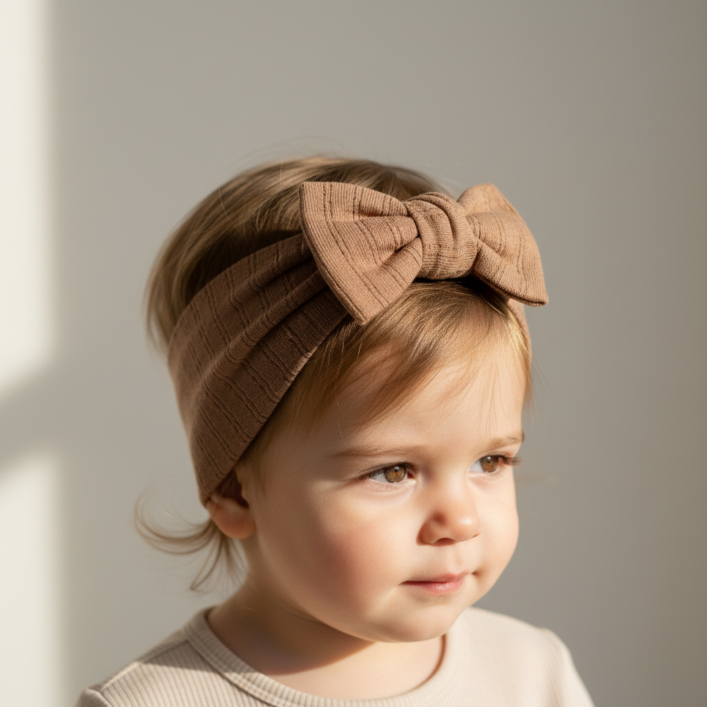 toddler wearing a brown headband with a bow against a neutral background