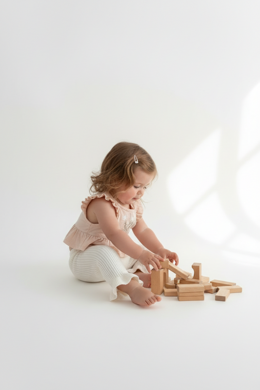 Toddler playing in her Mamita Chunky Flared Pants Beige with wooden blocks on a white floor brand Casita Bebès