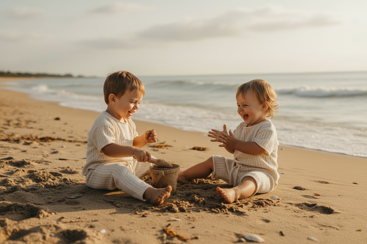Two children playing in the sand on a beach with ocean waves in the background. Wearing Casita Bebes