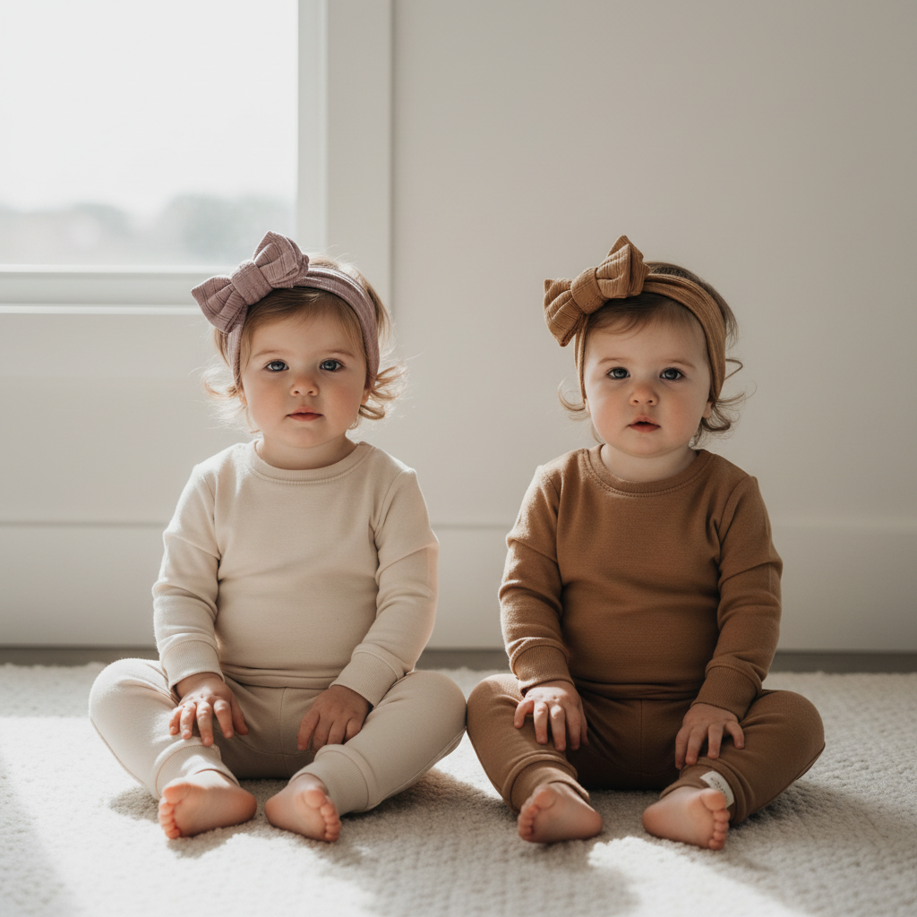 Two babies sitting on a carpeted floor wearing matching outfits with headbands.