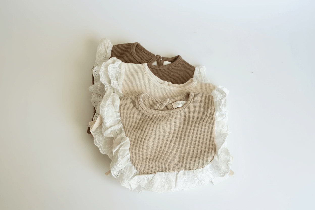 Organic baby bibs with lace trim in neutral tones for everyday use
