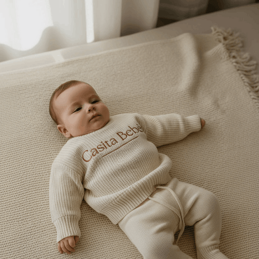 Baby wearing a 'Casita Bebes' outfit lying on a soft surface.