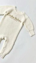 Cream KNITTED organic baby onesie with Casita Bebès embroidery, soft heirloom design for newborns