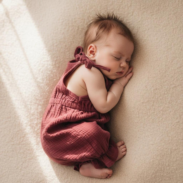 Organic baby jumpsuit in deep rose with tie straps, soft cotton, certified organic from Casita Bebes.