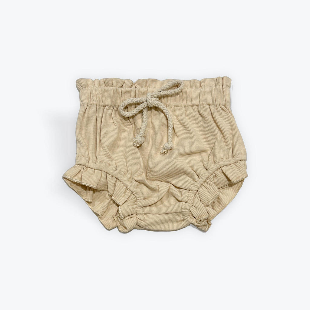 Beige ribbed baby bloomers with ruffled hem and drawstring waist