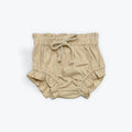 Beige ribbed baby bloomers with ruffled hem and drawstring waist