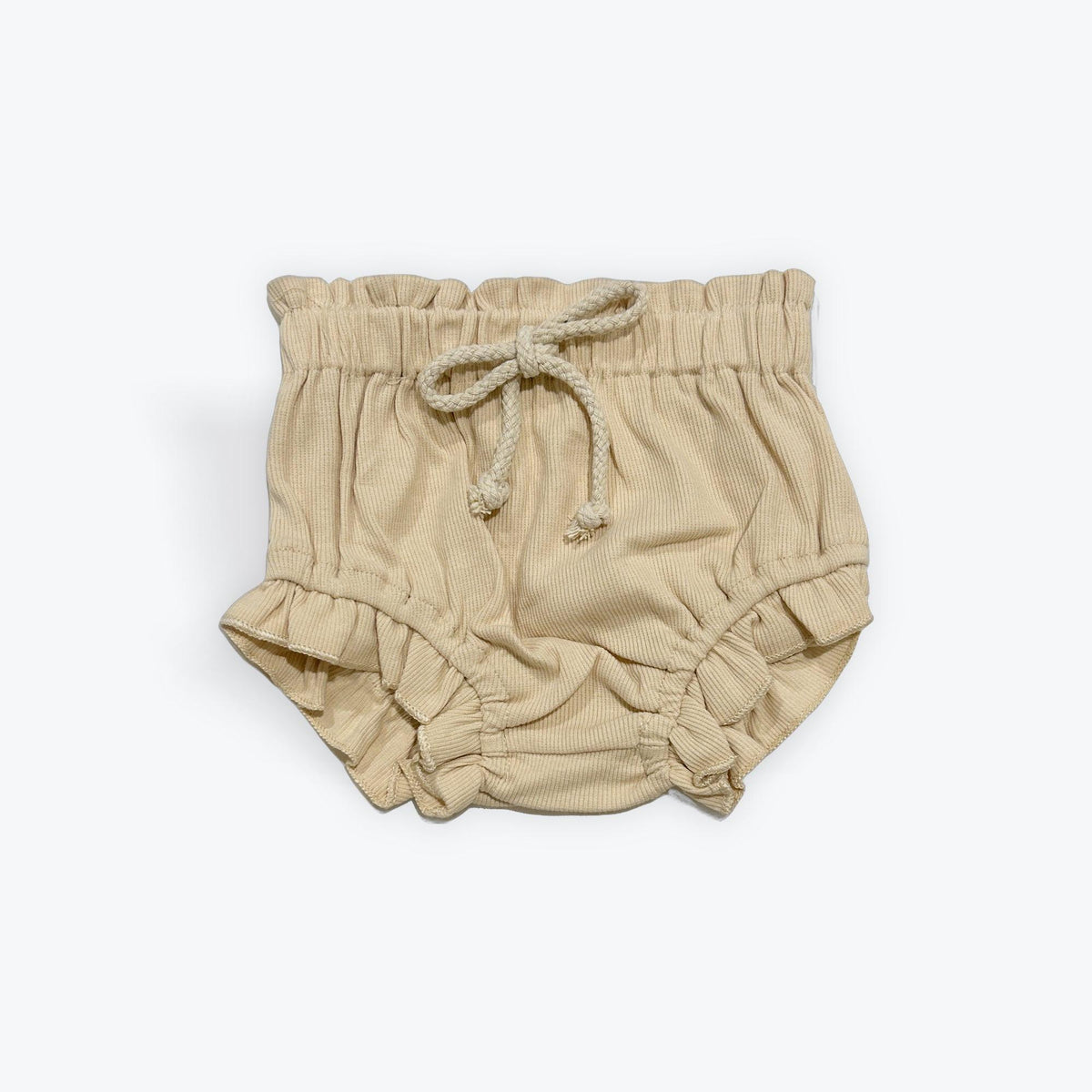 Beige ribbed baby bloomers with ruffled hem and drawstring waist