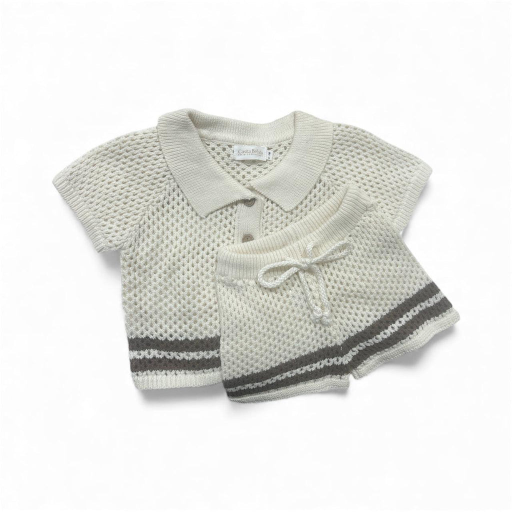 Organic baby knit polo shirt and shorts set with striped hem and bow detail