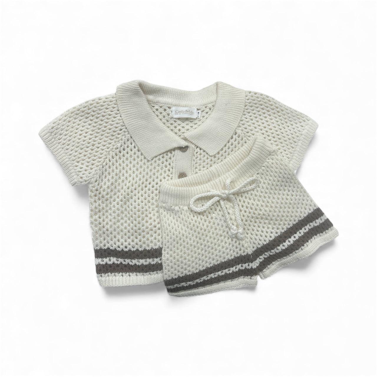 Organic cotton baby top and shorts set in cream with gray stripe, Casita Bebes certified organic baby clothing.