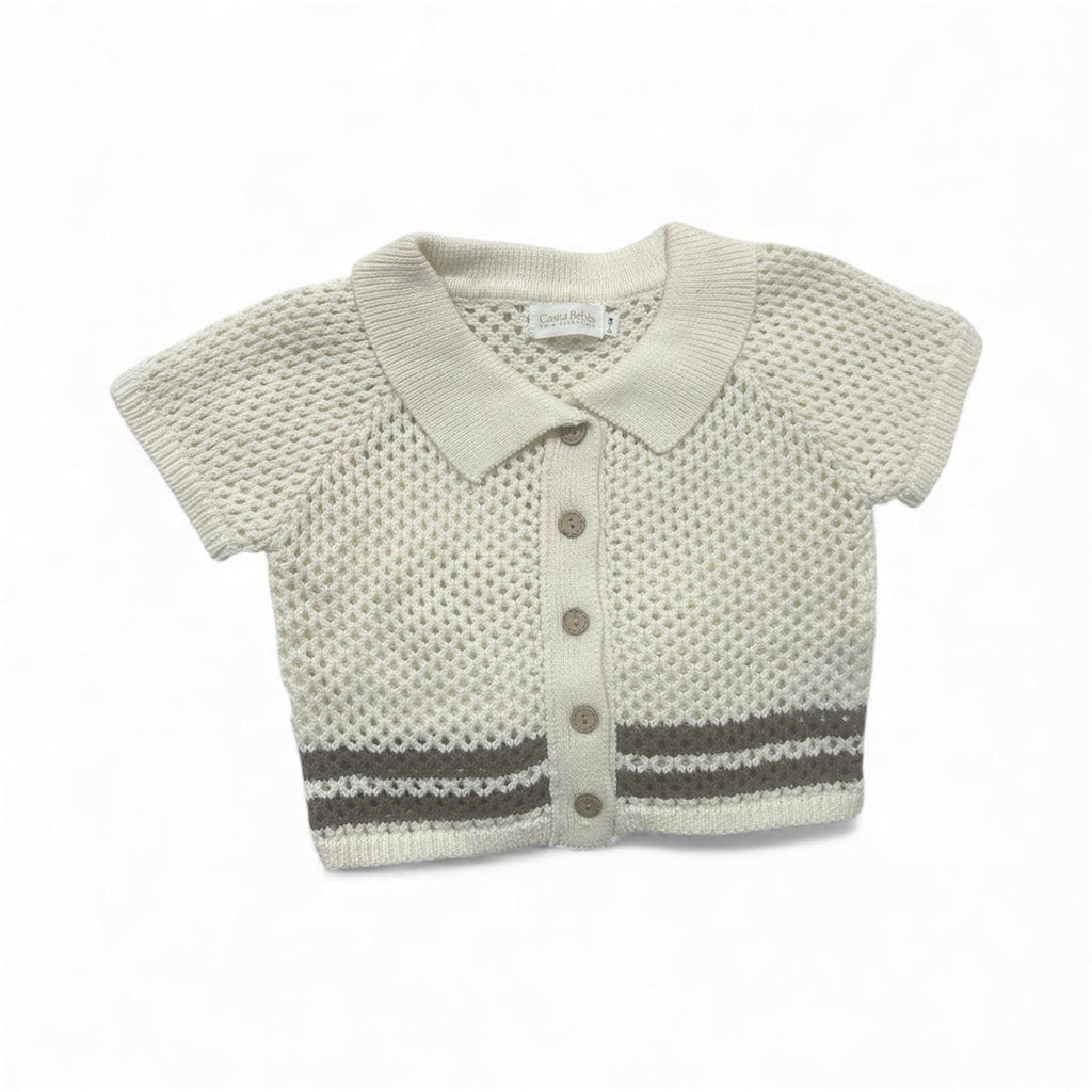 Organic baby cardigan with short sleeves, button front, and striped hem for everyday comfort