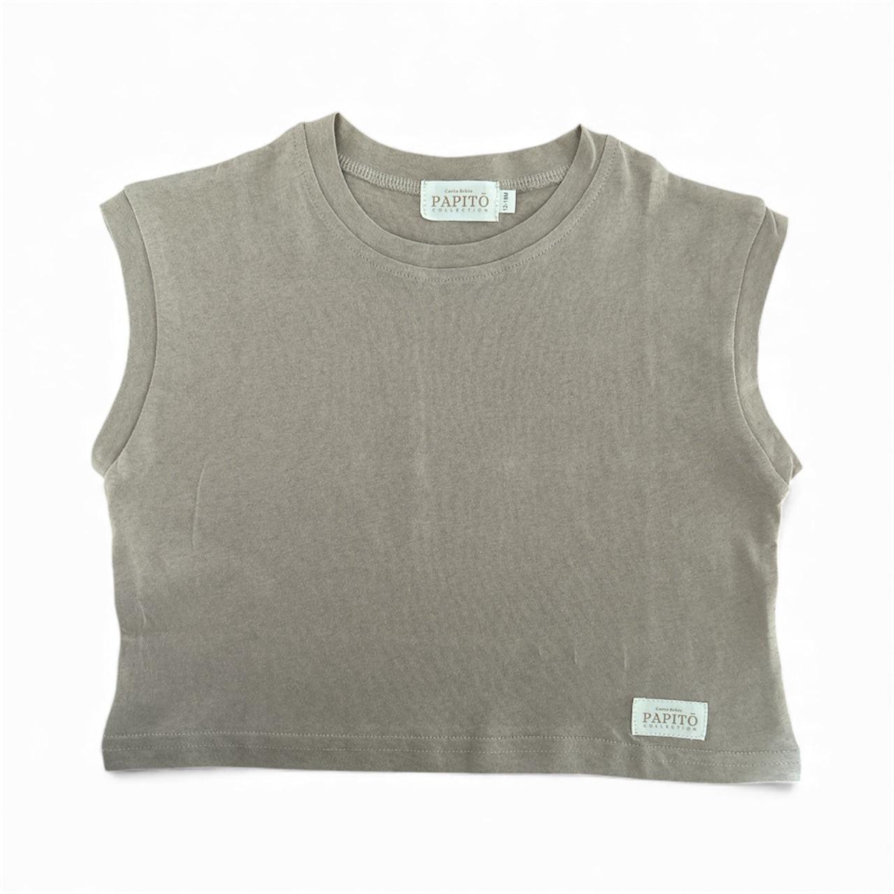 Organic dusty khaki sleeveless baby shirt in soft cotton by Casita Bebes.
