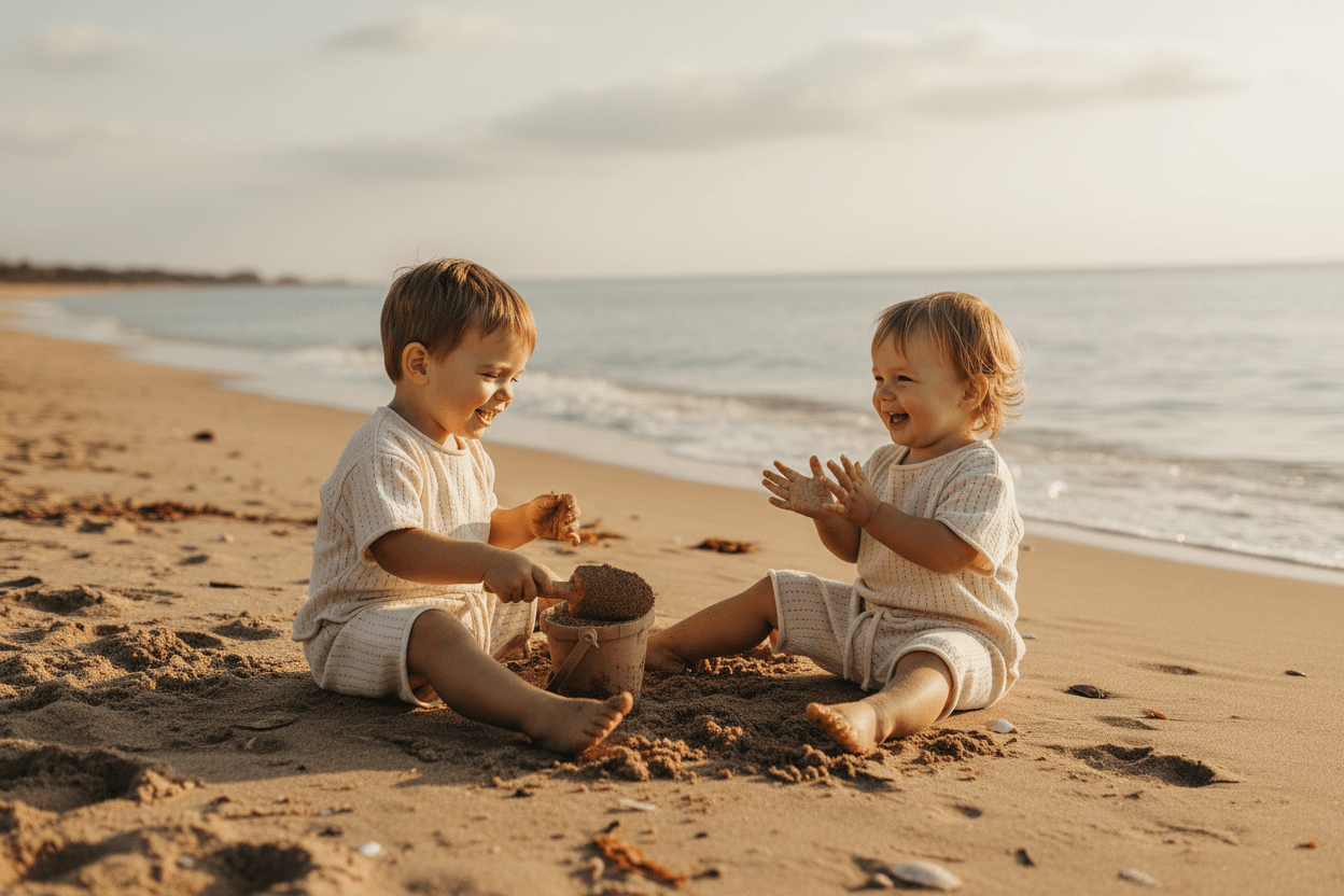 Two babies in organic cotton outfits playing with sand on a beach at sunset