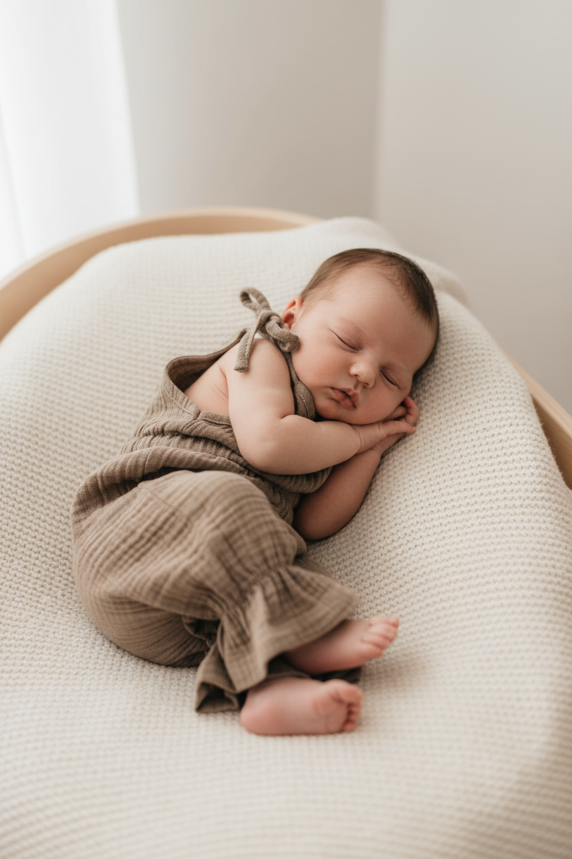 Newborn baby sleeping peacefully on a soft surface with a neutral color palette.