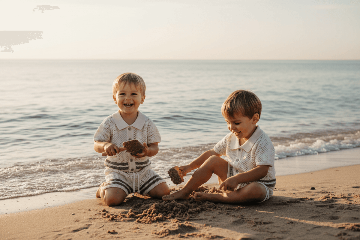 Two toddlers in organic knit outfits playing with sand by the ocean at sunset