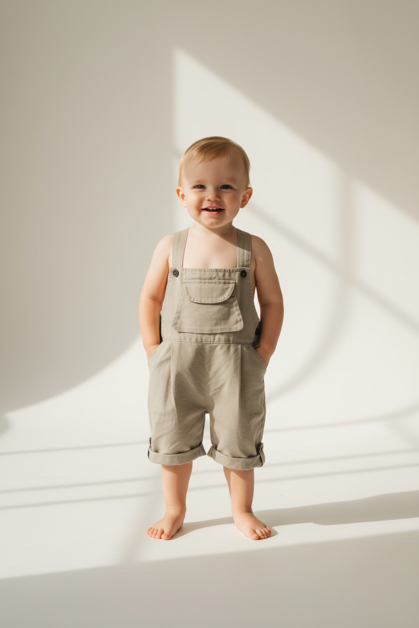 Beige organic cotton toddler overalls from Casita Bebes, certified organic baby clothing.
