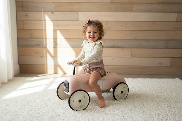 Toddler riding a pink toy car in a room with wooden walls and white carpet.