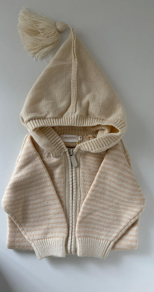 Organic baby knit romper with hood and pom-pom, certified organic, Casita Bebes.