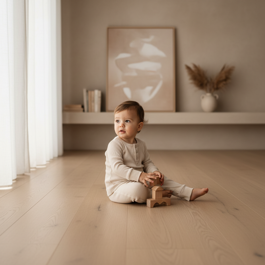 Baby wearing beige Mamīta organic sleepwear, soft certified organic baby clothing by Casita Bebes.