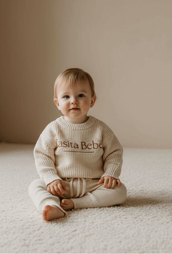 Baby wearing organic knitted sweater and pants with Casita Bebes logo, certified organic baby clothing.