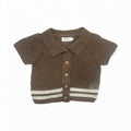 Brown knitted baby cardigan with cream stripes and wooden buttons, organic baby clothing