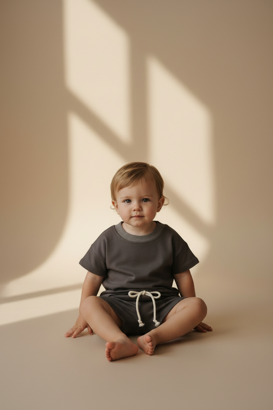 Baby wearing organic dusty grey shorts with drawstring, paired with matching short sleeve top.