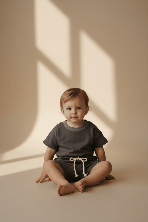Baby in organic cotton outfit sitting with soft shadows, perfect for everyday essentials