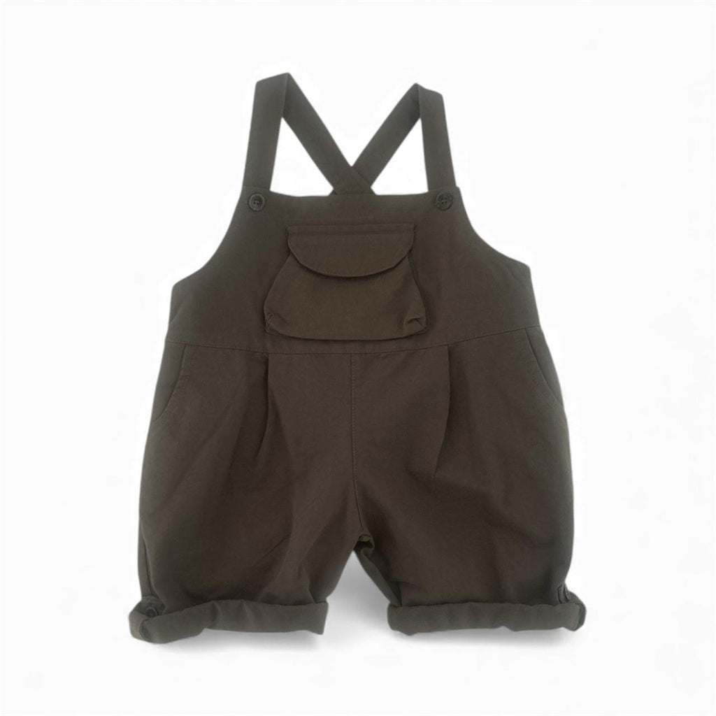 Organic baby overalls with cross-back straps and front pocket, olive green design for everyday wear
