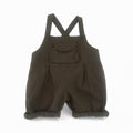 Organic baby overalls with cross-back straps and front pocket, olive green design for everyday wear