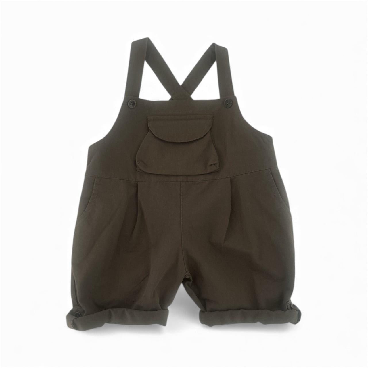 Khaki organic cotton baby overalls with front pocket and cuffed legs, certified organic baby clothing.