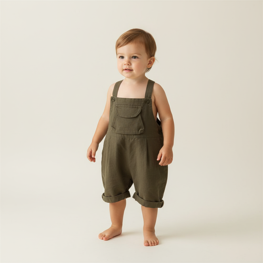 Toddler boy wearing khaki organic cotton Papitō Ompa Lompa overalls, certified organic baby clothing.