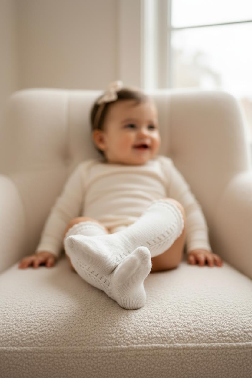 Baby wearing certified organic dusty white knee high socks from Casita Bebes.