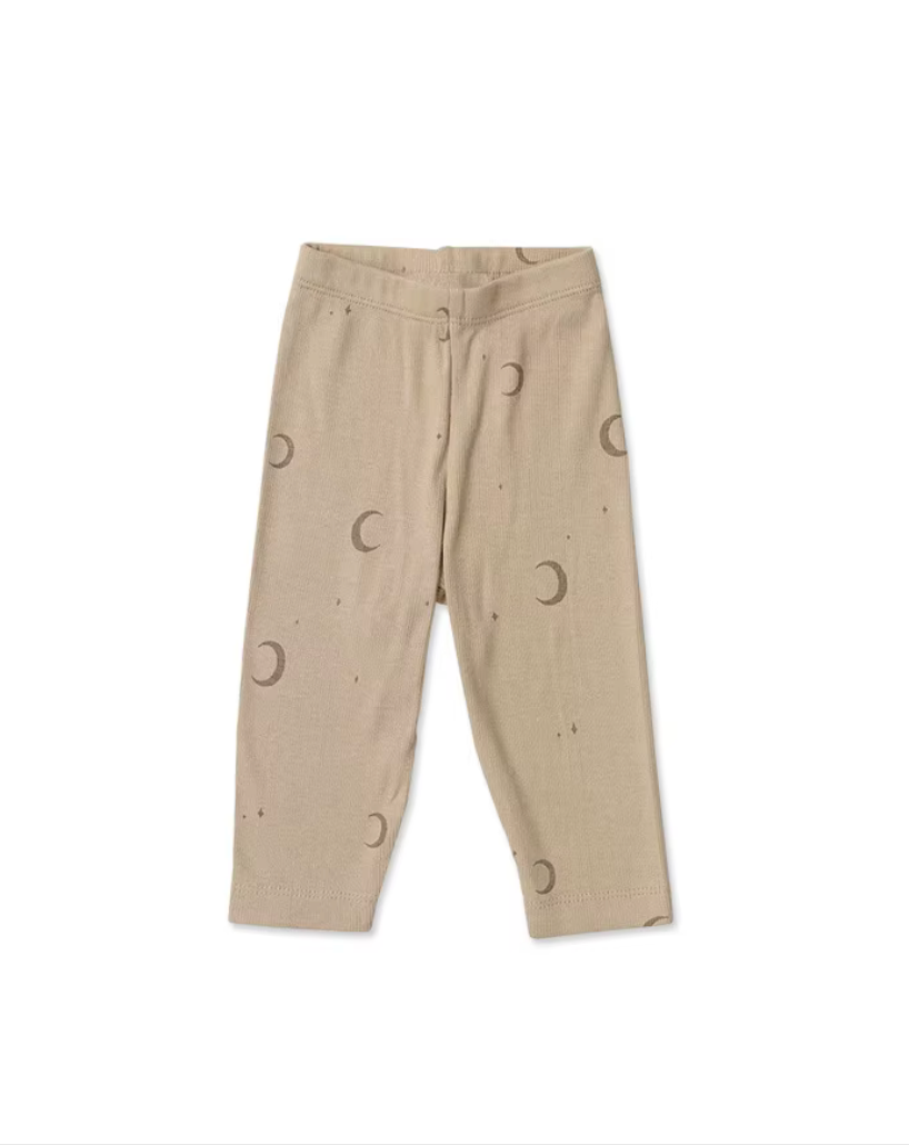 Beige organic cotton baby pants with crescent moon print, certified organic baby clothing.