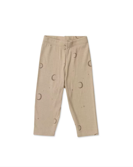 Beige organic cotton baby pants with crescent moon print, certified organic baby clothing.