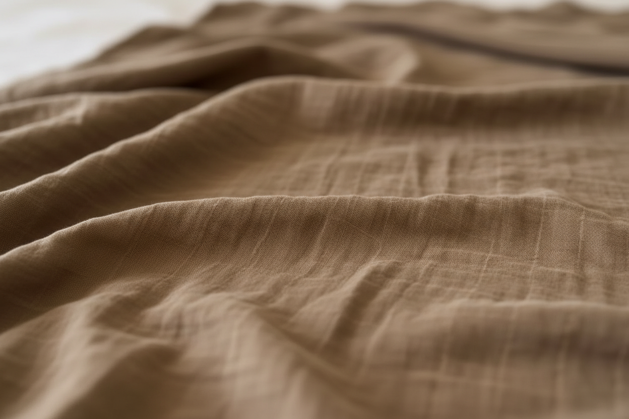 Close-up of dusty brown muslin swaddle made from certified organic cotton by Casita Bebes.