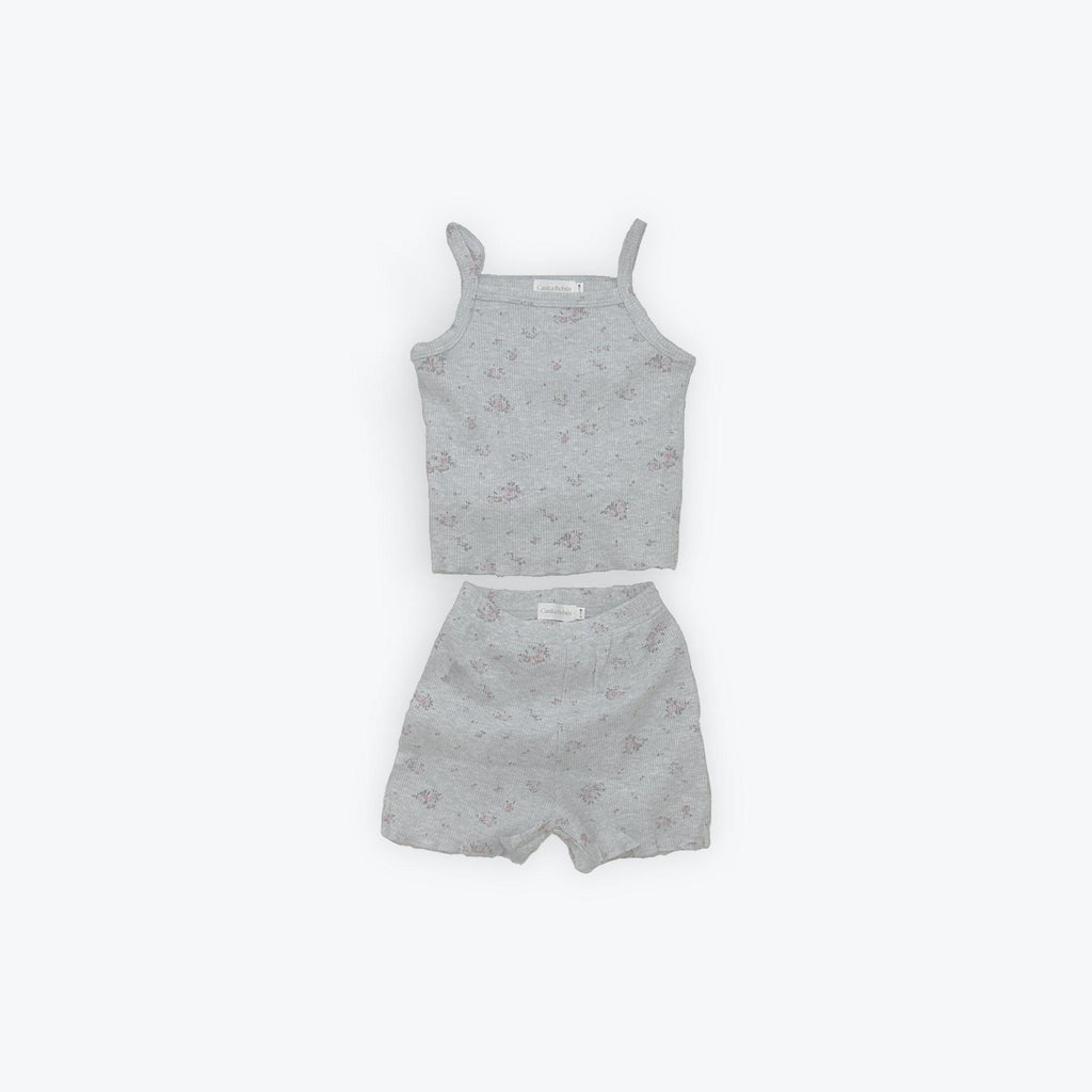 Gray floral baby tank top and shorts set, soft organic cotton for everyday comfort